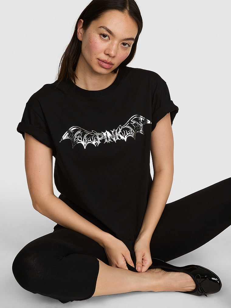 PINK Campus Cotton™ Tee, Pure Black, onModelFront, 2 of 4