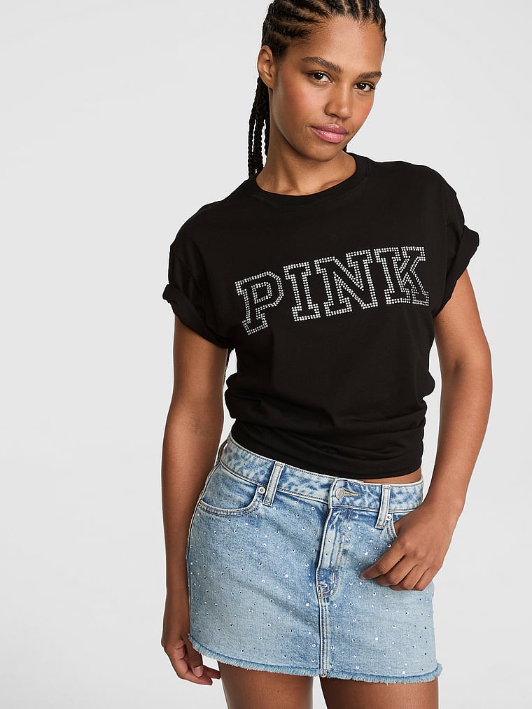 PINK Campus Cotton™ Tee, Pure Black Diamante, onModelFront, 1 of 3