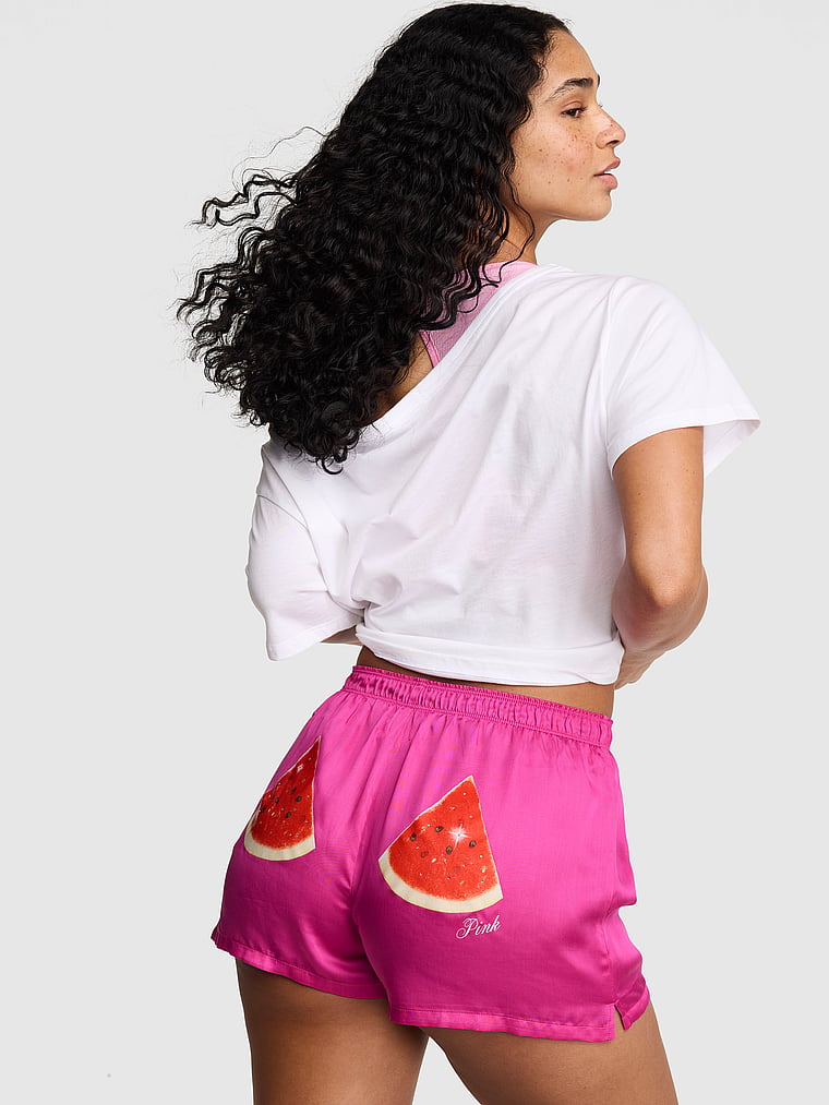 PINK Silky Sleep Boxy Pajama Shorts, Pink Fire Watermelon, onModelFront, 1 of 4