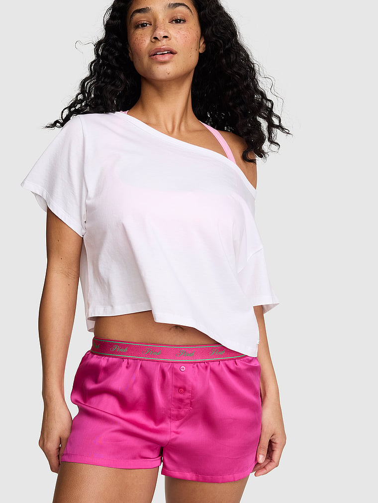 PINK Silky Sleep Boxy Pajama Shorts, Pink Fire Watermelon, onModelBack, 2 of 4