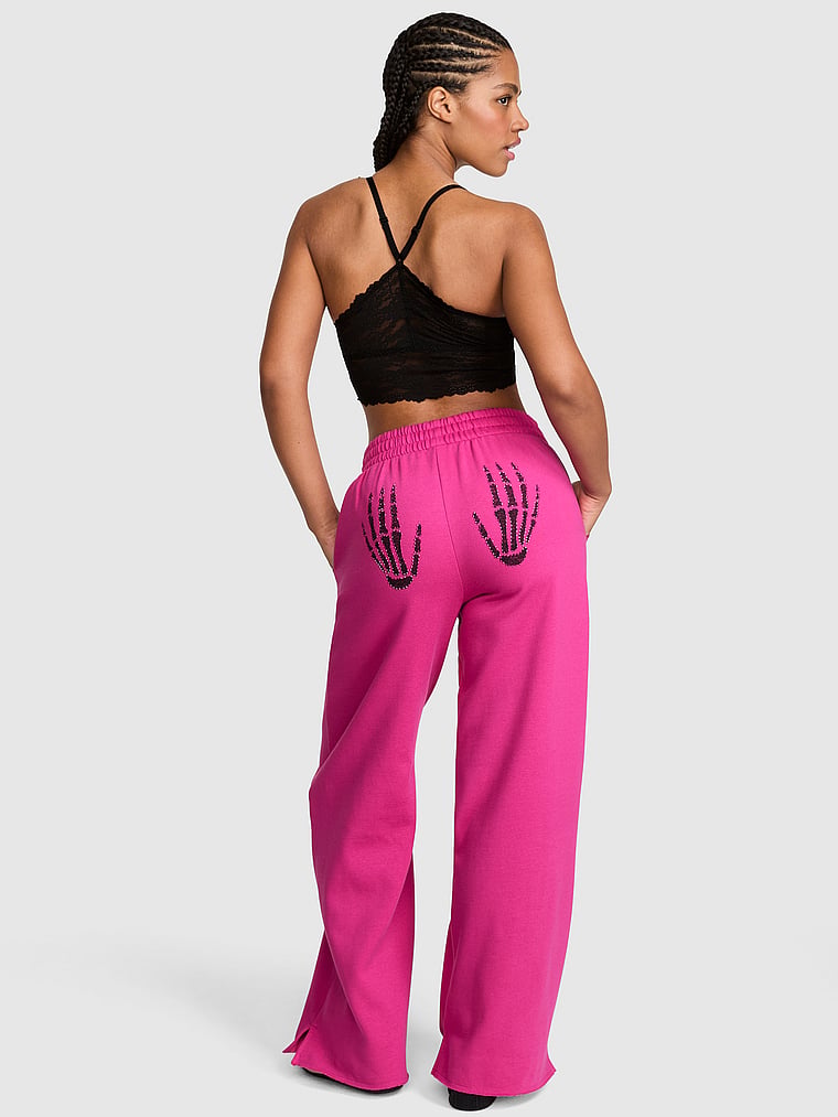PINK Campus Fleece™ Wide-Leg Split-Hem Sweatpants, Pink Fire, onModelFront, 1 of 4