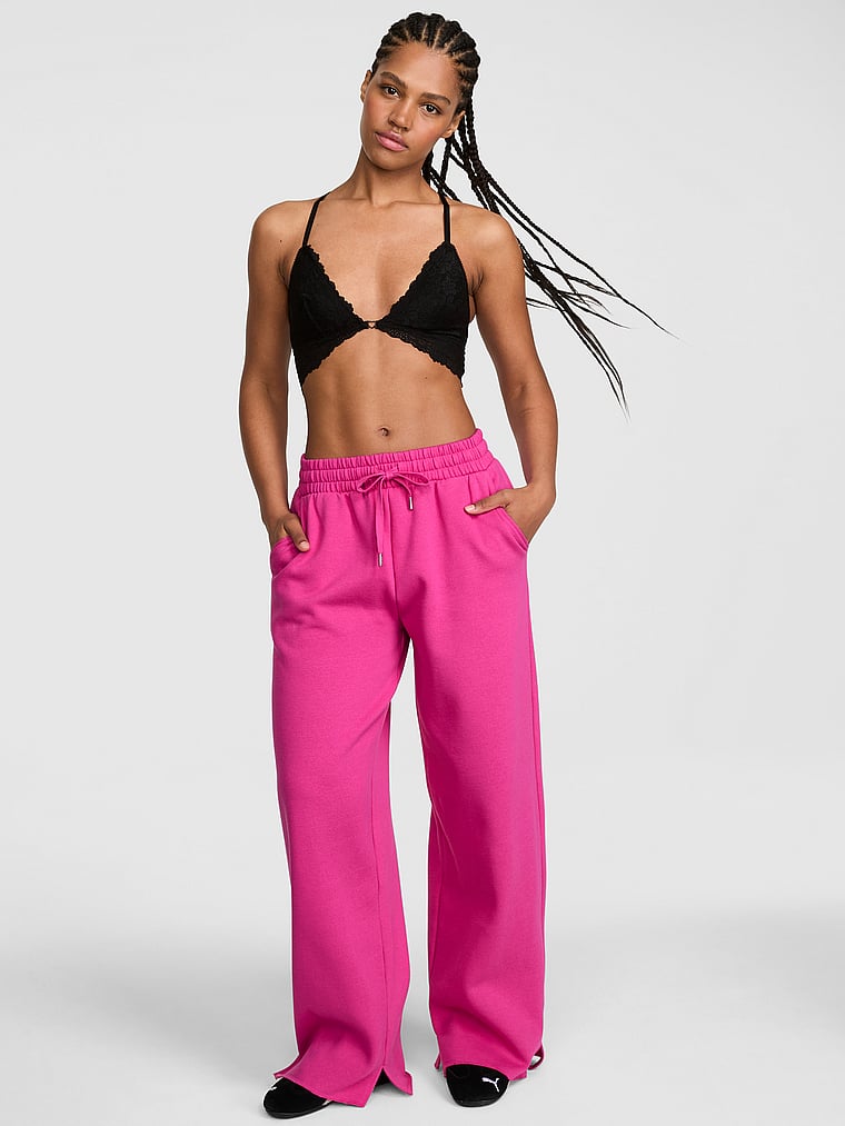 PINK Campus Fleece™ Wide-Leg Split-Hem Sweatpants, Pink Fire, onModelSide, 3 of 4
