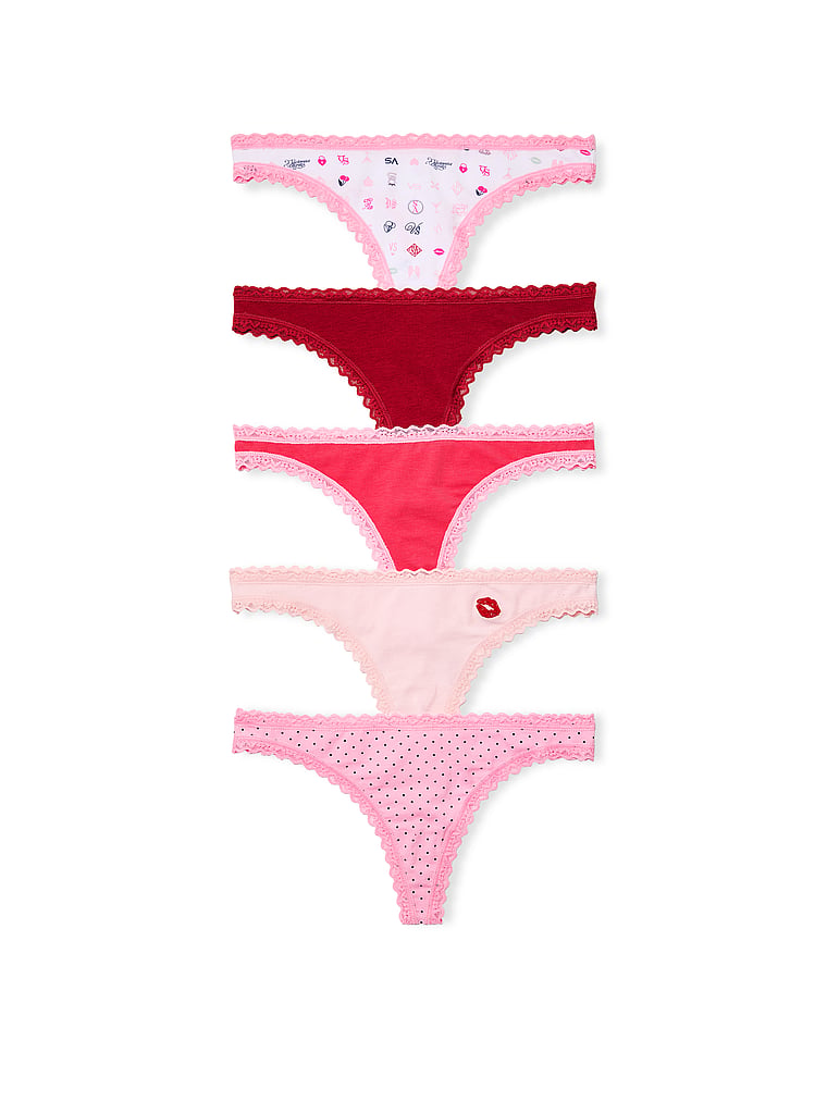 Victoria's Secret, Victoria's Secret 5-Pack Cotton Lace-Trim Thong Panties, Multi, offModelFront, 1 of 1