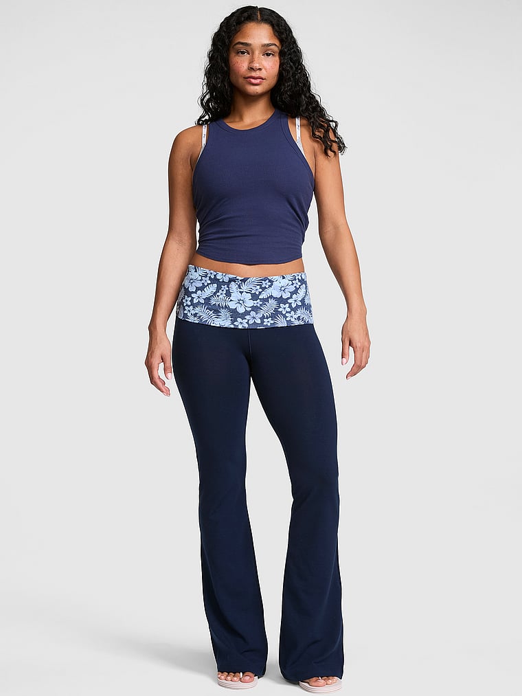 PINK All-Day Cotton™ Foldover Flare Leggings, Noir Navy Blue Floral, onModelFront, 1 of 4