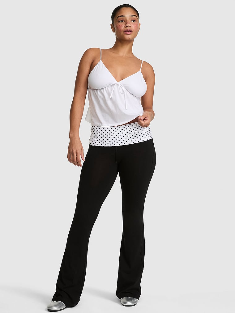 PINK All-Day Cotton™ Foldover Flare Leggings, Pure Black Polka Dots, onModelFront, 1 of 4