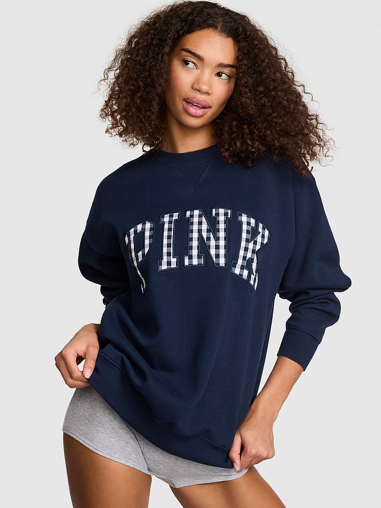PINK Campus Fleece™ Oversized Crew Sweatshirt, Noir Navy, onModelFront, 1 of 5