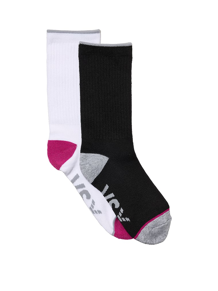 Victoria's Secret, Victoria's Secret VSX 2-Pack Crew Socks, Black W/Medium Heather Grey/ Pink Fire W/Vs White, onModelFront, 1 of 2