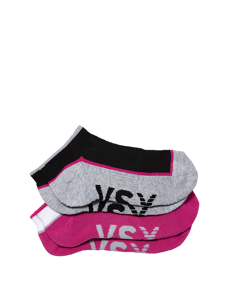 Victoria's Secret, Victoria's Secret VSX 2-Pack Ankle Socks, Black & Heather Grey/ Pink Fire & Vs White, onModelFront, 1 of 2