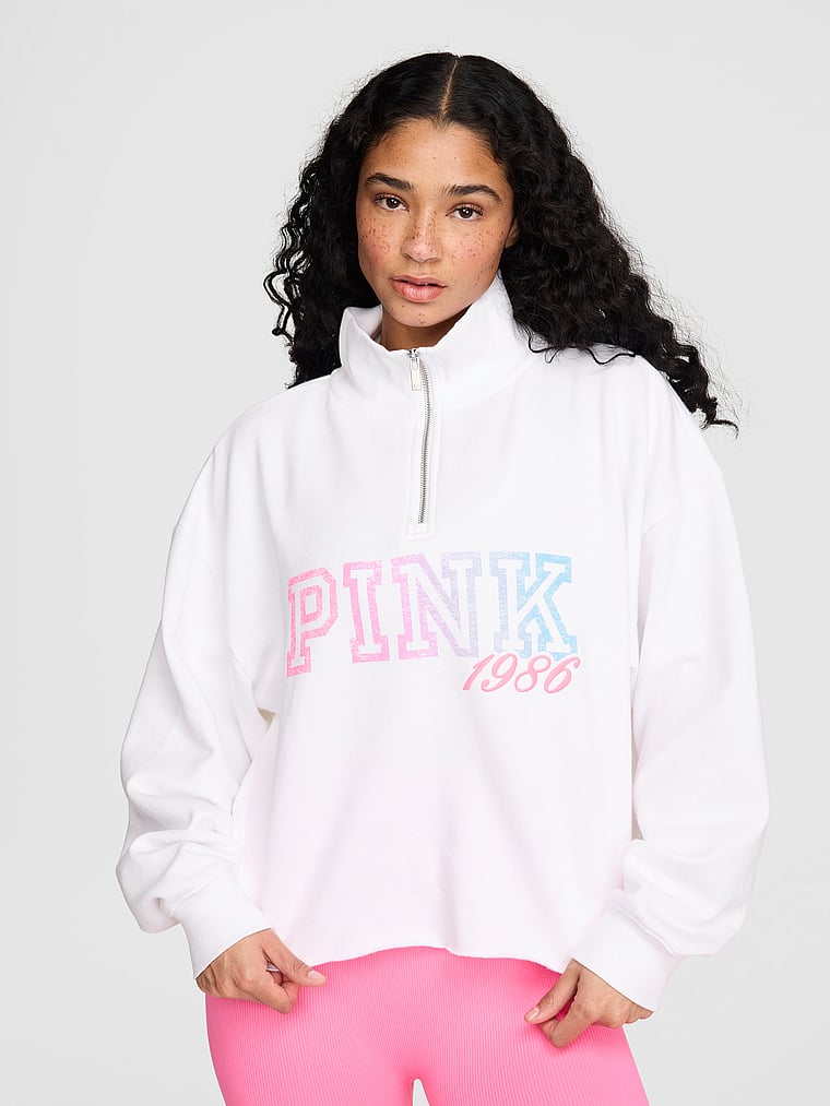 PINK Campus Fleece™ Quarter-Zip Straight-Cut Sweatshirt, White, onModelFront, 1 of 4