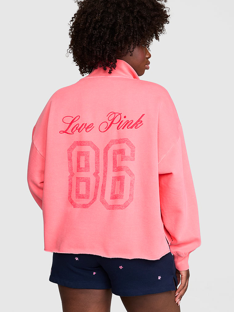 PINK Campus Fleece™ Quarter-Zip Straight-Cut Sweatshirt, Vivid Pink, onModelFront, 1 of 3 Fanta is 5'11" or 180cm and wears Medium