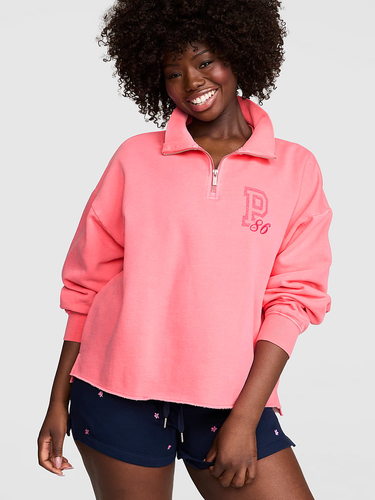 PINK Campus Fleece™ Quarter-Zip Straight-Cut Sweatshirt, Vivid Pink, onModelBack, 2 of 3 Fanta is 5'11" or 180cm and wears Medium