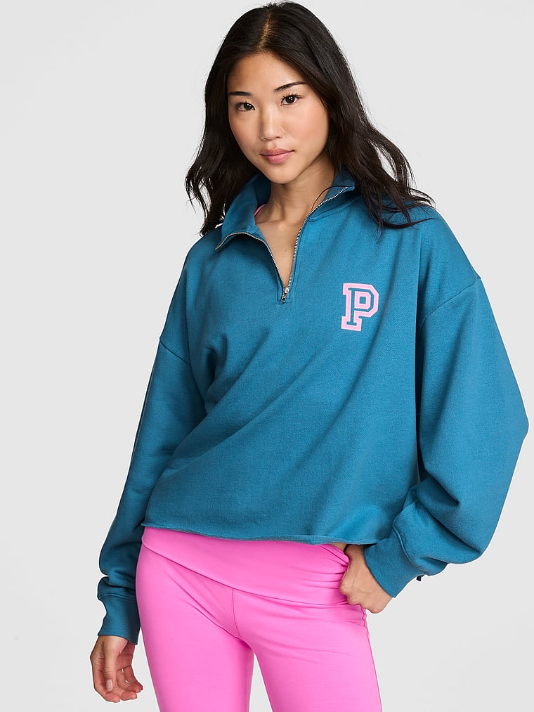 PINK Campus Fleece™ Quarter-Zip Straight-Cut Sweatshirt, Varsity Blue, onModelBack, 2 of 3