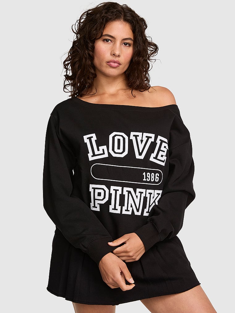 PINK Campus Fleece™ Rib Off-The-Shoulder Sweatshirt, Pure Black, onModelFront, 1 of 3 Isabella is 5'9" or 175cm and wears Medium