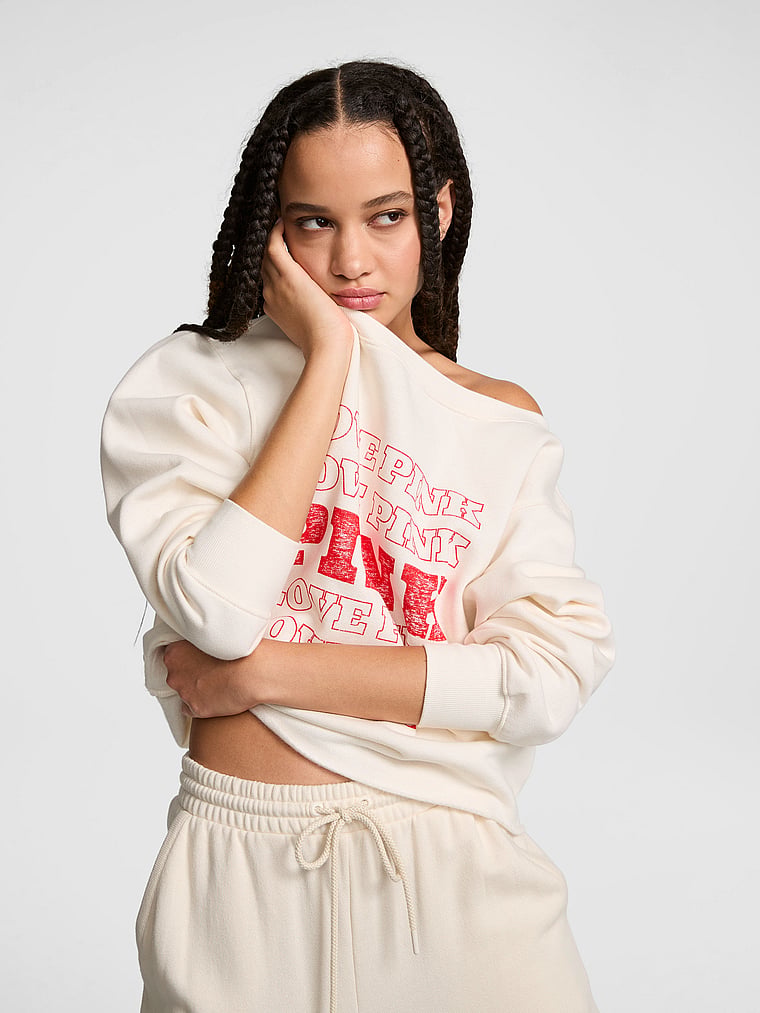 PINK Campus Fleece™ Rib Off-The-Shoulder Sweatshirt, Winter White, onModelSide, 2 of 4 Yoly  is 5'8" or 173cm and wears Small