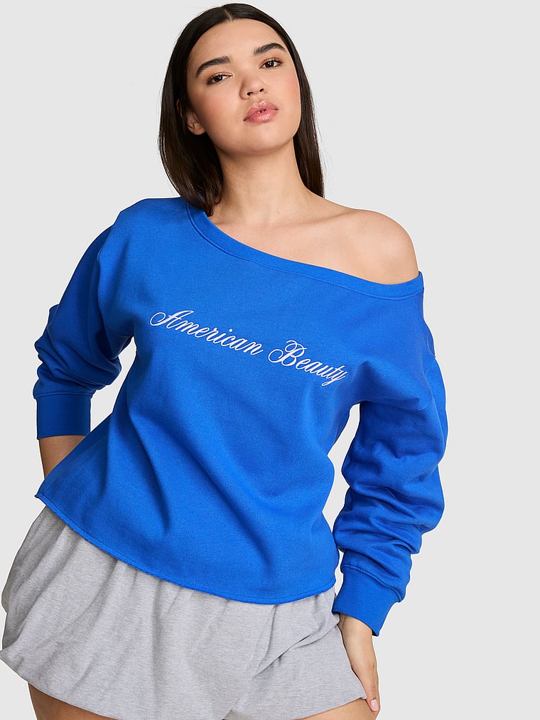 PINK Campus Fleece™ Rib Off-The-Shoulder Sweatshirt, Bold Blue, onModelFront, 1 of 3 Breanna is 5'8" or 173cm and wears Medium