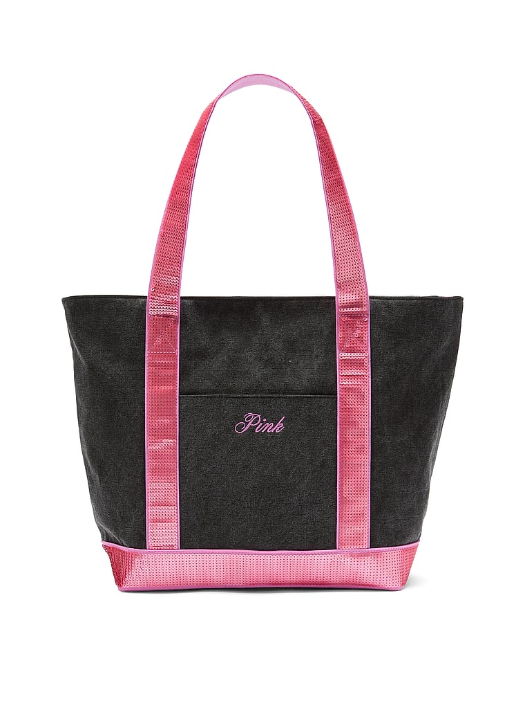 PINK Sequin Canvas Tote Bag, Black with Pink Sequins, onModelFront, 1 of 4