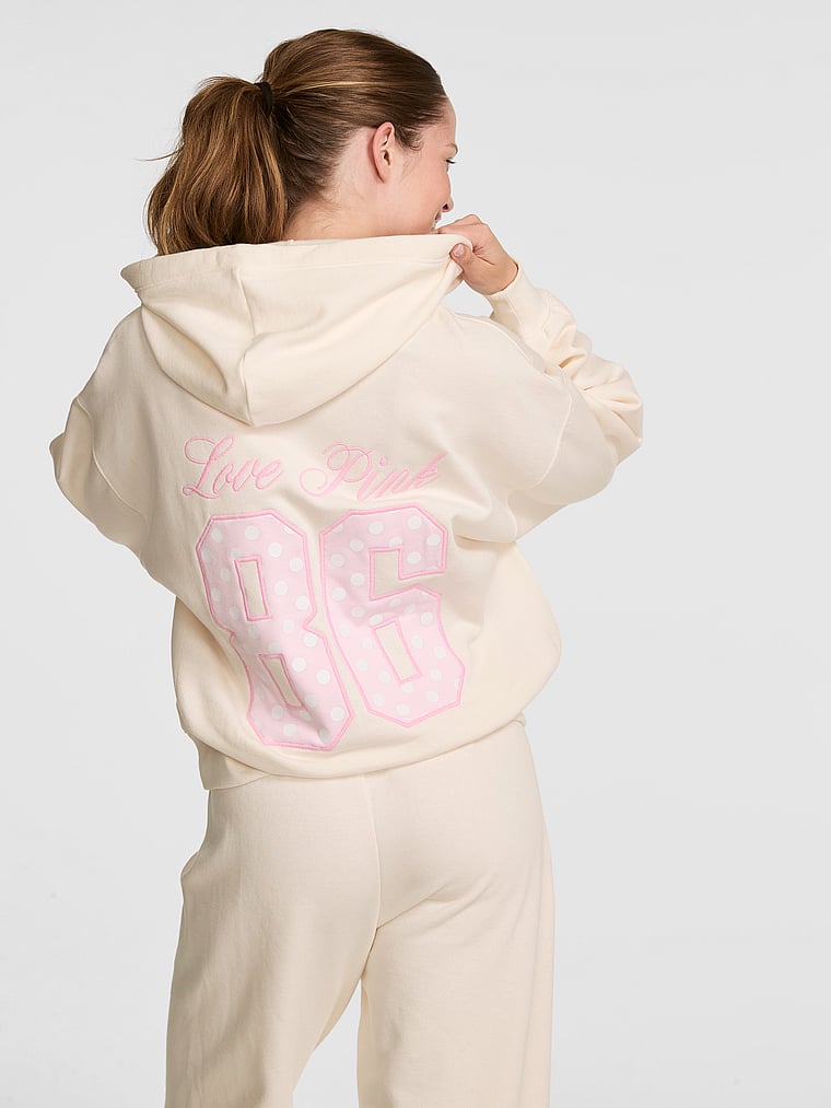 PINK Campus Fleece™ Full-Zip Hoodie, Cozy White, onModelFront, 1 of 3 Taylor is 5'8" or 173cm and wears Small