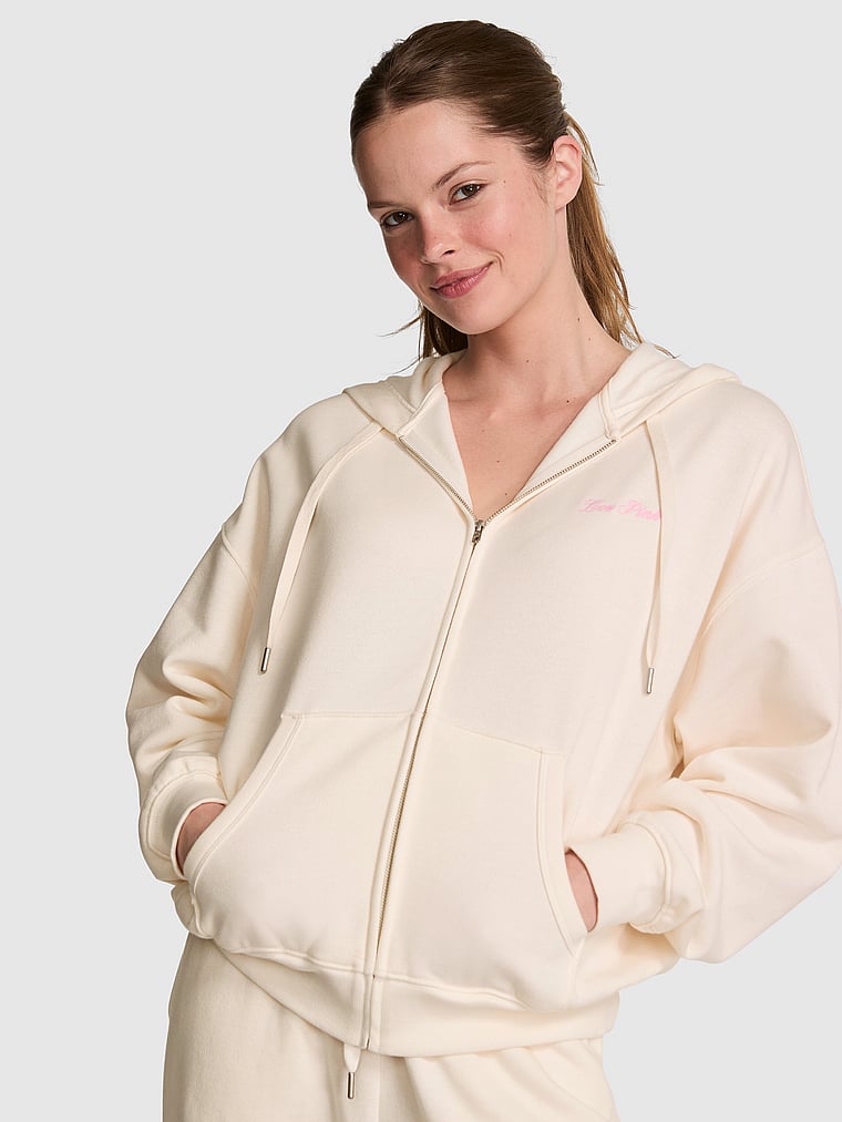 PINK Campus Fleece™ Full-Zip Hoodie, Cozy White, onModelBack, 2 of 3 Taylor is 5'8" or 173cm and wears Small
