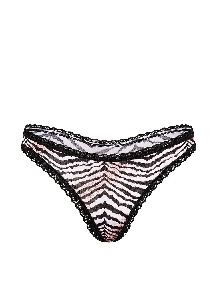 Victoria's Secret, Lace Trim Cotton Lace-Waist Thong, Zebra Stripes, offModelFront, 3 of 3