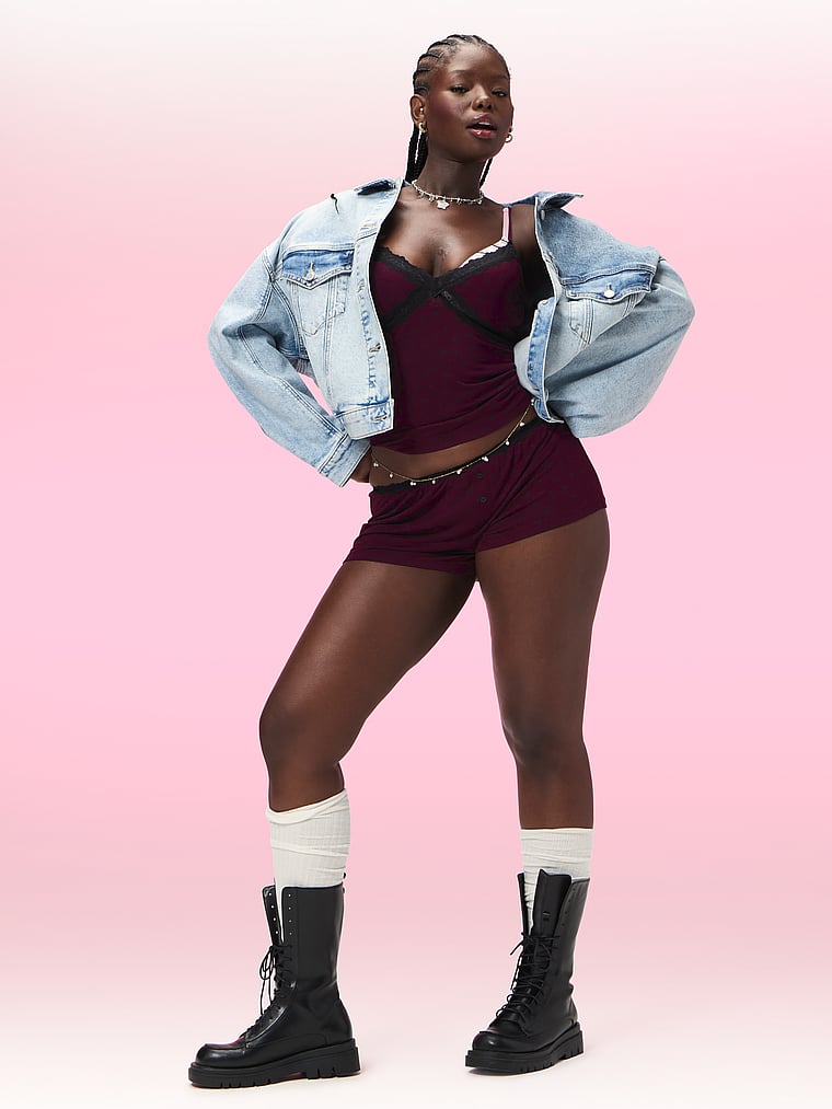 PINK 24/7 Lounge Modal Lace-Trim Micro Shorts, Wild Rose With Black Cherry Print, onModelSide, 4 of 4 Fanta is 5'11" or 180cm and wears Large
