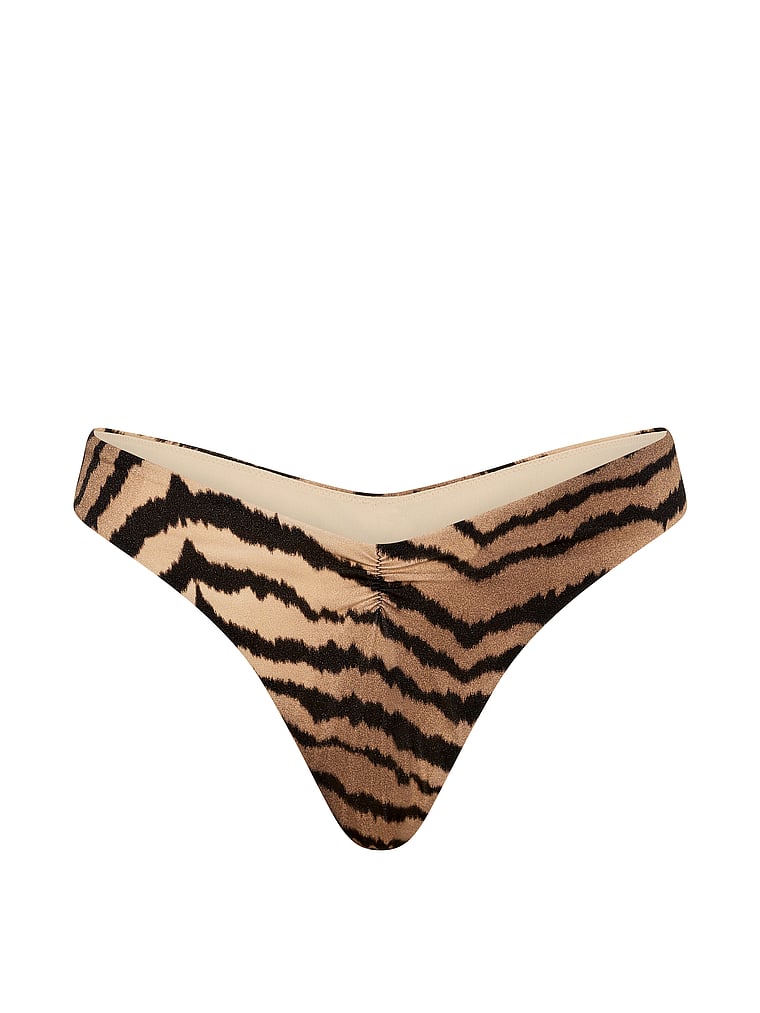 Victoria's Secret, Victoria's Secret Swim Cinched Thong Bikini Bottom, Tiger Stripe, offModelFront, 3 of 3
