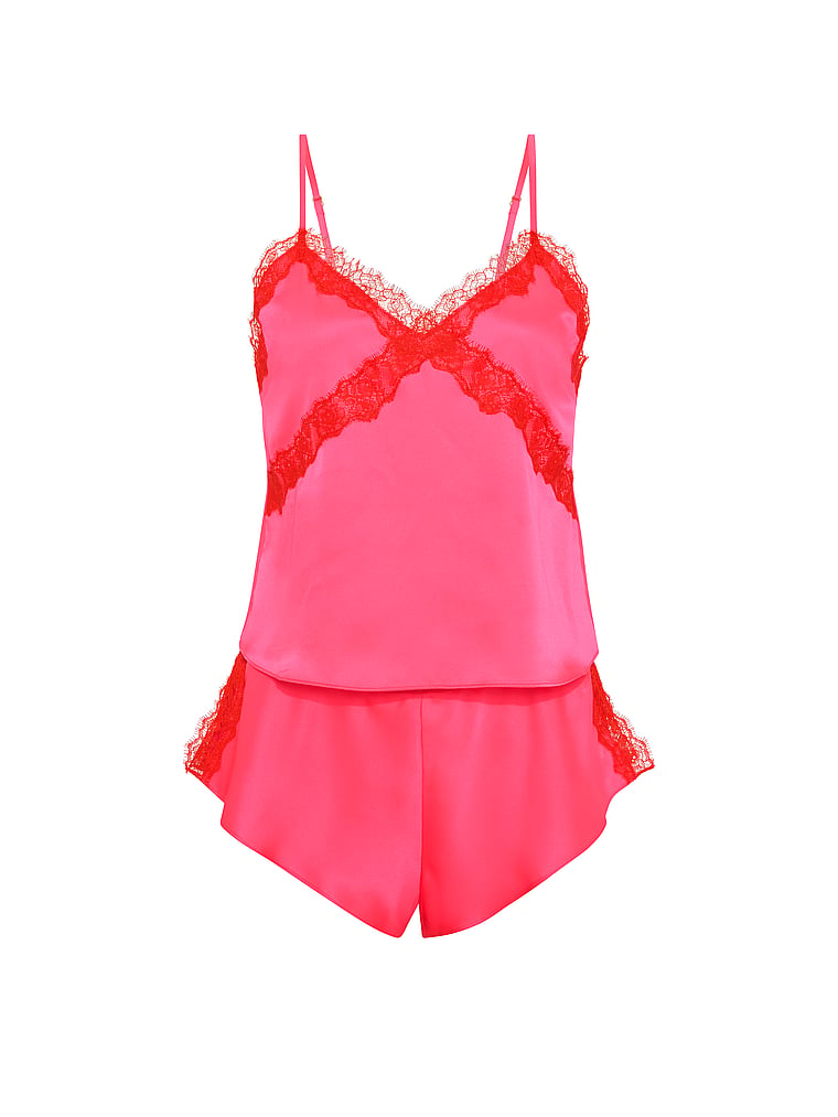Victoria's Secret, Very Sexy Chiffon Rose Lace-Trim Cami & Flutter Short Set, Bombshell Pink, offModelFront, 3 of 3