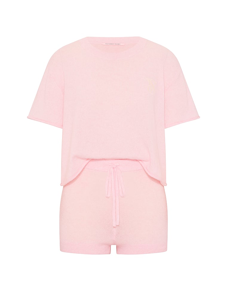 Victoria's Secret, Victoria's Secret Luxe Knit Tee & Short Set, Angel Pink, offModelFront, 3 of 4