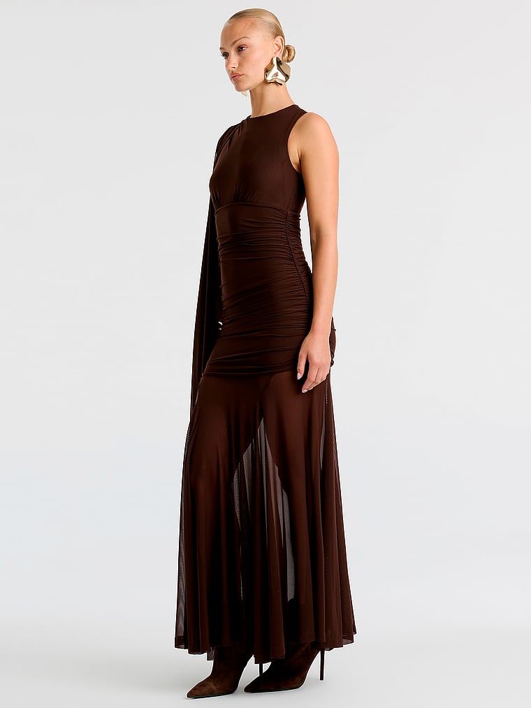 Victoria's Secret, Bardot Alverie Mesh Maxi Dress, Chocolate, onModelSide, 3 of 4
