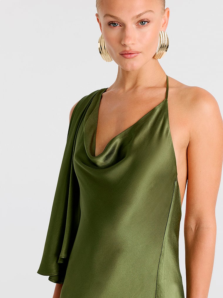 Victoria's Secret, Bardot Anastasia Satin Maxi Dress, Khaki, detail, 4 of 4