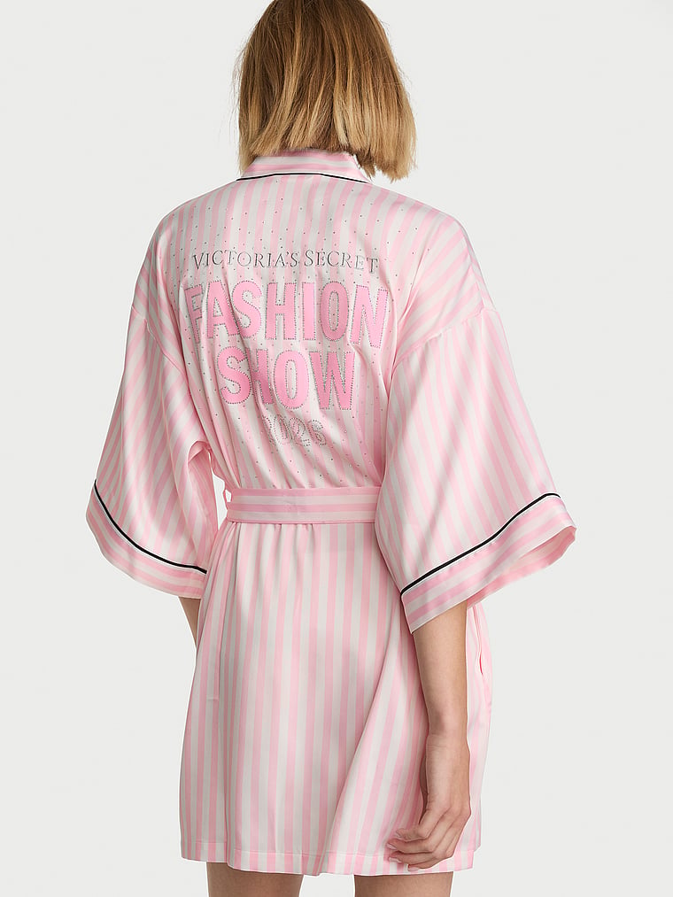 Victoria's Secret, Victoria's Secret Signature Satin Short Piped Robe, Iconic Pink Stripes, onModelBack, 3 of 6