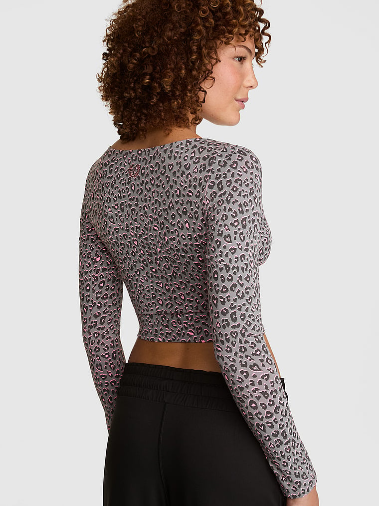 PINK PINK Relay™ Long-Sleeve Cropped Wrap Top, Twilight Grey Leopard, onModelBack, 2 of 4