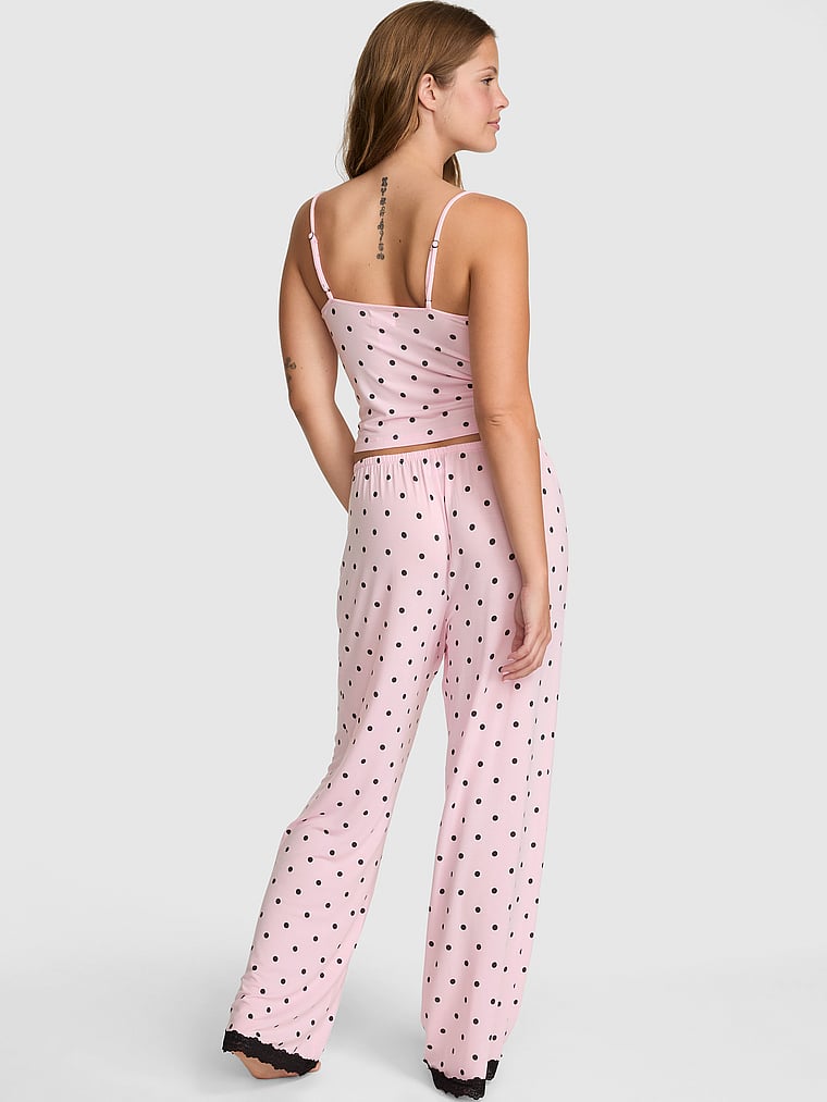 PINK 24/7 Lounge Modal Lace-Trim Cami & Pants Pajama Set, Pink with Black Dots, onModelBack, 2 of 4 Taylor is 5'8" or 173cm and wears S/Regular