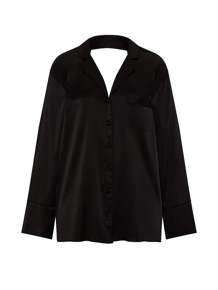Victoria's Secret, Very Sexy Silk Sheer Stripe Open-Back Shirt, Black, offModelFront, 3 of 4
