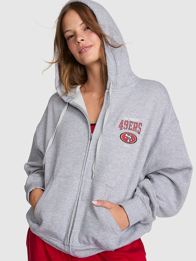 NFL Collection Campus Fleece™ Bling Full-Zip Hoodie, 49ers- Heather Grey, onModelFront, 1 of 4 Taylor is 5'8" or 173cm and wears Small