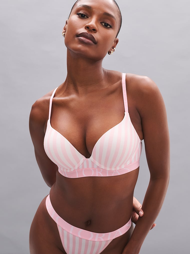 Victoria's Secret, The T-shirt Bombshell Add-2-Cups Cotton Lace-Trim Push-Up Bra, Pretty Blossom Stripes, onModelBack, 2 of 3