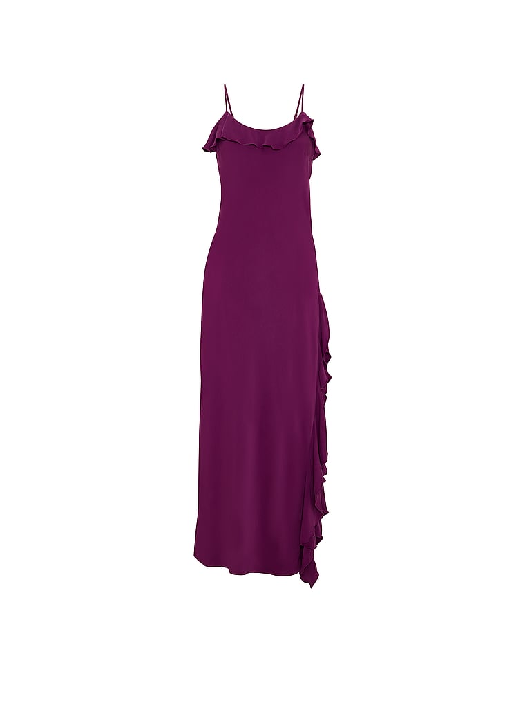Victoria's Secret, Dream Angels Silky Flutter Ruffled Long Slip, Purple, offModelFront, 3 of 3