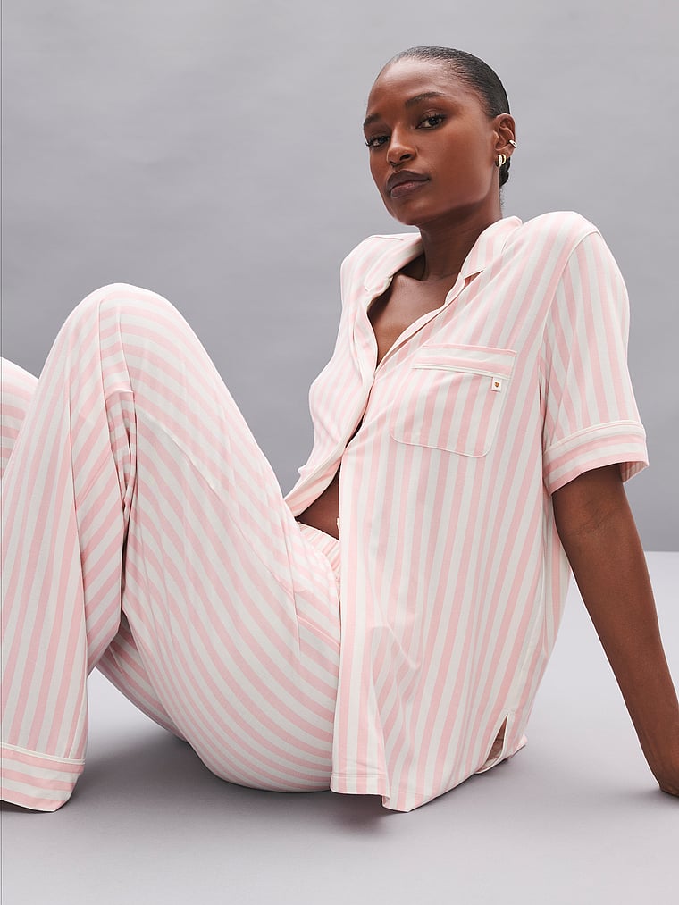 Victoria's Secret, Victoria's Secret SoSoft™ Modal Short-Sleeve Long Pajama Set, Iconic Pink Stripes, onModelSide, 1 of 5 Tsheca  is 5'9" and wears S/Long