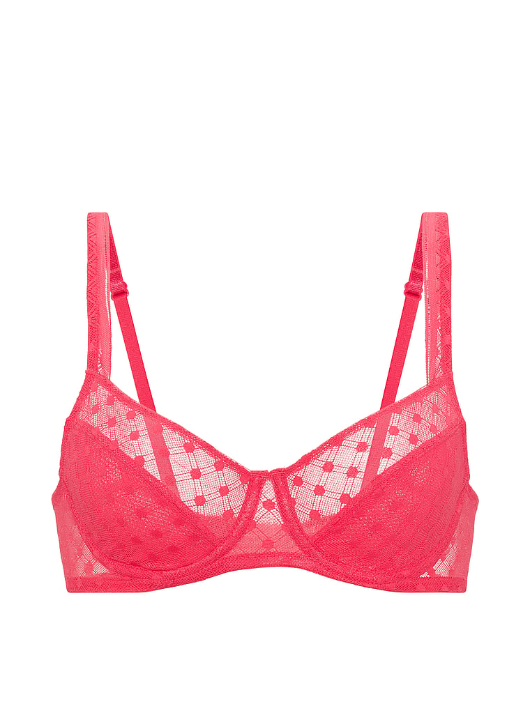 Victoria's Secret, The Lacie Dot Geo Lace Unlined Balconette Bra, Wild Watermelon, offModelFront, 3 of 3