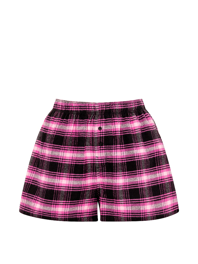 PINK Flannel Boxy Pajama Shorts, Black And Pink Fire Plaid, offModelFront, 3 of 4