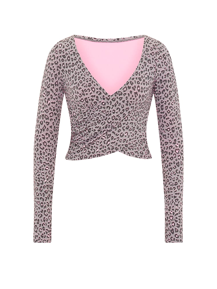 PINK PINK Relay™ Long-Sleeve Cropped Wrap Top, Twilight Grey Leopard, offModelFront, 4 of 4