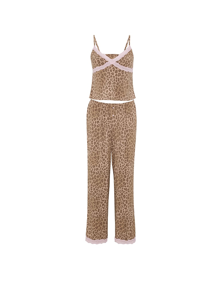 PINK 24/7 Lounge Modal Lace-Trim Cami & Pants Pajama Set, Leopard Print, offModelFront, 3 of 4