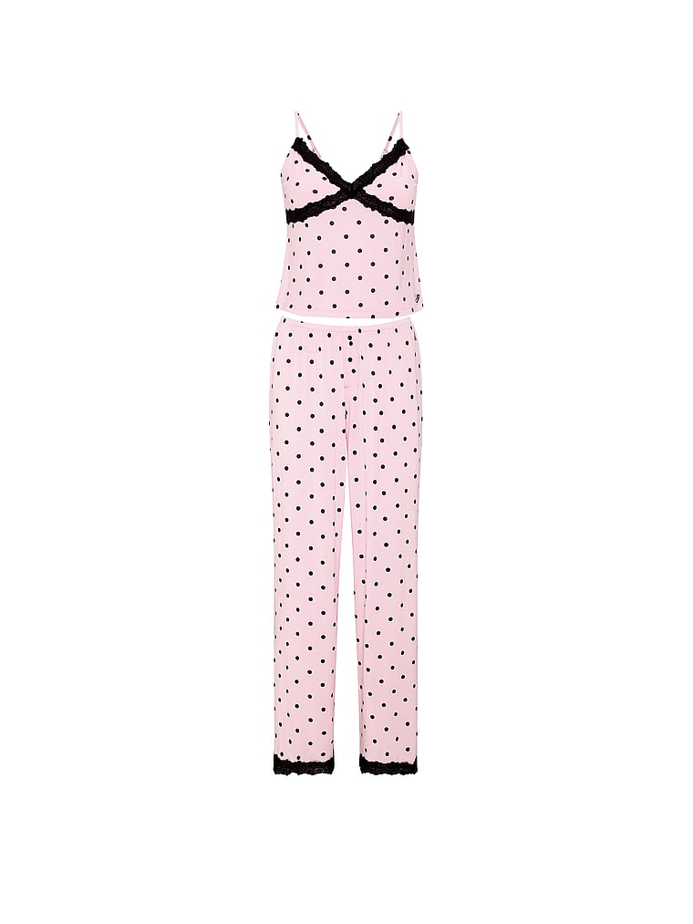 PINK 24/7 Lounge Modal Lace-Trim Cami & Pants Pajama Set, Pink with Black Dots, offModelFront, 4 of 4