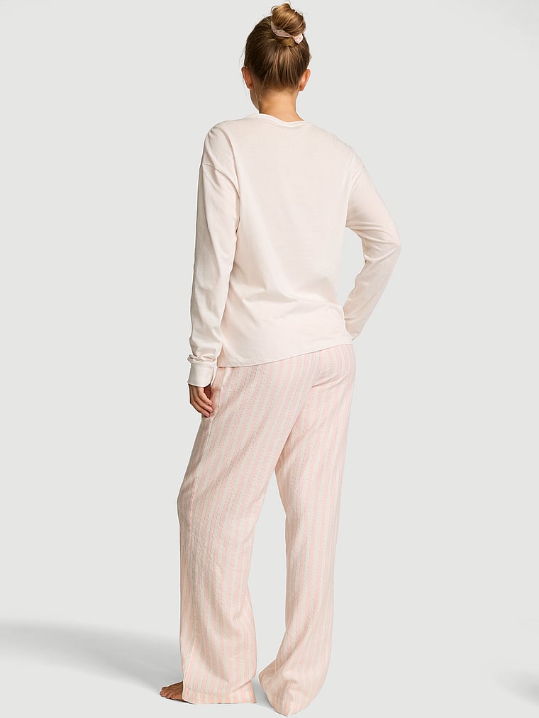 Victoria's Secret, Victoria's Secret CozyFlannel™ Long Tee-Jama & Scrunchie Set, White & Pink Shimmer Heritage Stripes, onModelBack, 2 of 5 Lotta is 5'10" or 178cm and wears S/Regular