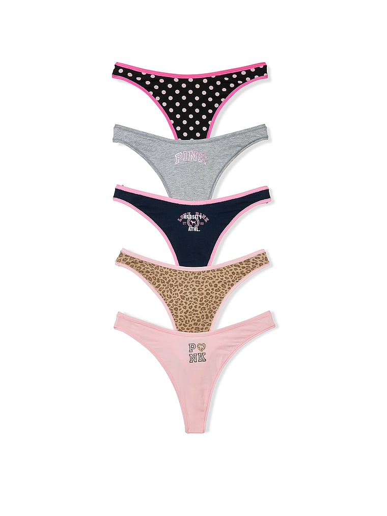 PINK 5-Pack Cotton Thong Panties, Icon Packs, offModelFront, 1 of 1