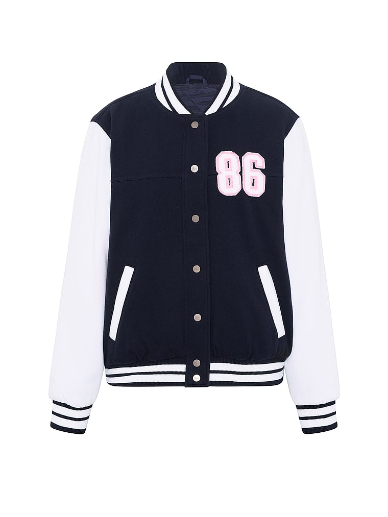 PINK Varsity Bomber Jacket, Noir Navy, offModelFront, 3 of 3