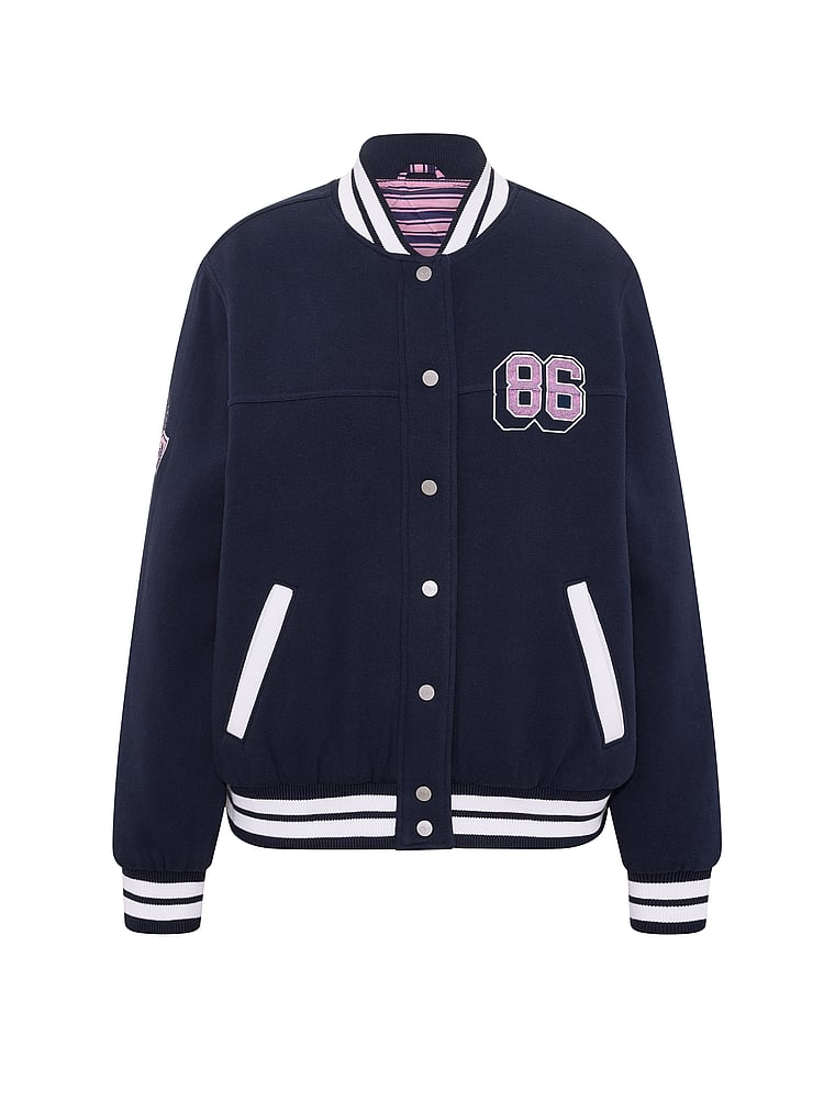 PINK Varsity Bomber Jacket, Noir Navy Icons, offModelFront, 4 of 4