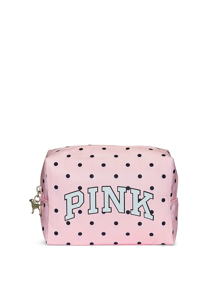 PINK Top-Zip Makeup Bag, Pink & Black Dot, onModelFront, 1 of 3