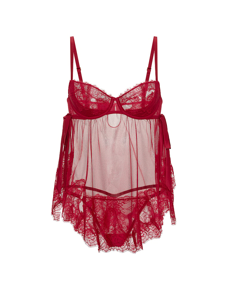 Victoria's Secret, Very Sexy Wicked Sheer Unlined Lace-Trim Babydoll Set, Red Lacquer, offModelFront, 3 of 3