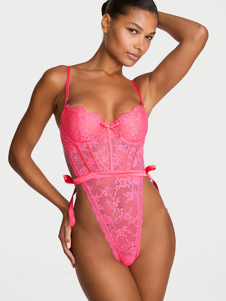 Victoria's Secret, Dream Angels Wicked Unlined Lace Teddy, Bombshell Pink, onModelFront, 1 of 3