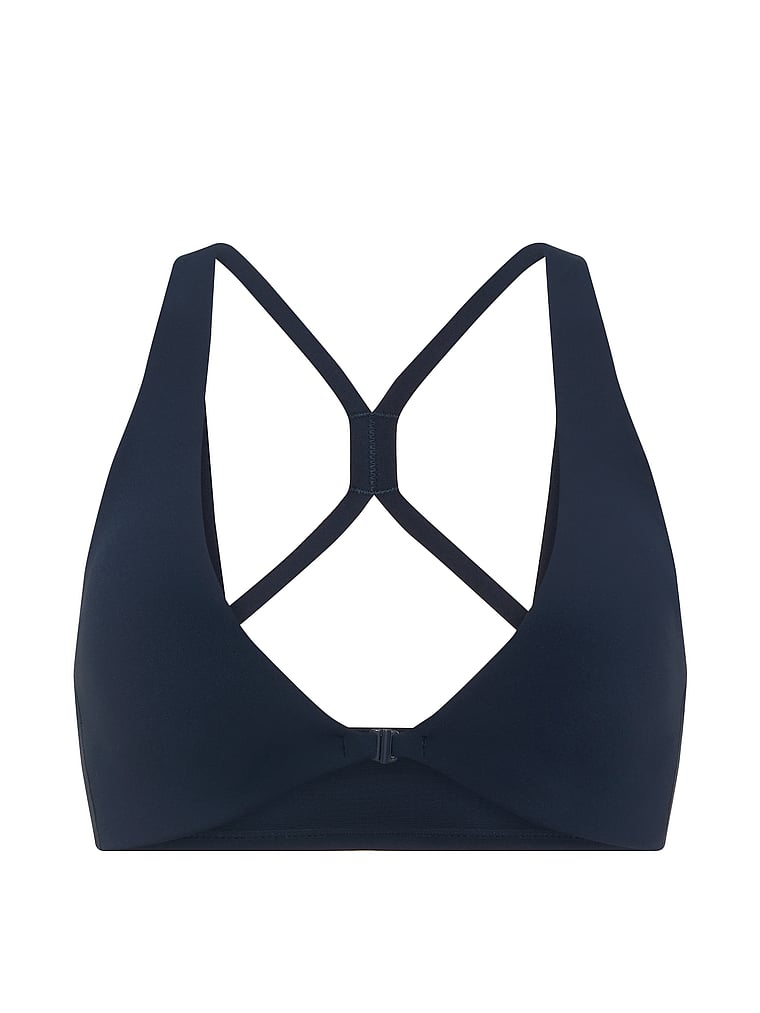 Victoria's Secret, VSX VSX GlossyTech™ Triangle Plunge Front-Close Sports Bra, Impact Blue, offModelFront, 3 of 3